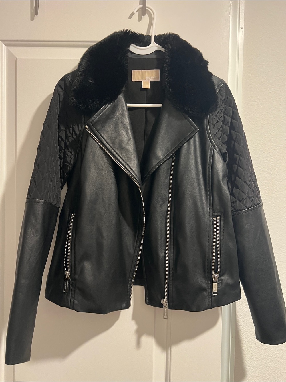 Black Faux Leather Moto Jacket with Quilted Sleeves